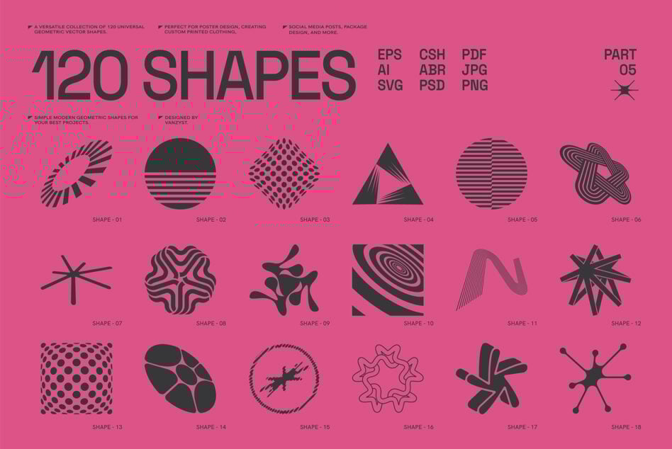 120 geometric vector shapes on pink background for designers. Ideal for posters, prints, digital assets. Formats: EPS, AI, PNG, SVG, PDF, PSD.