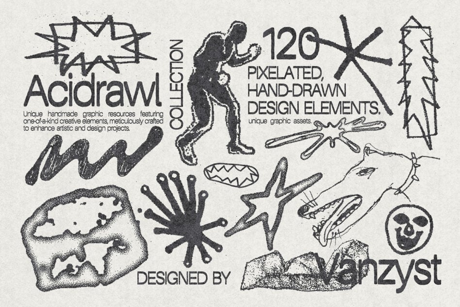 120 pixelated hand-drawn design elements kit with figures, nature, texture bits shown