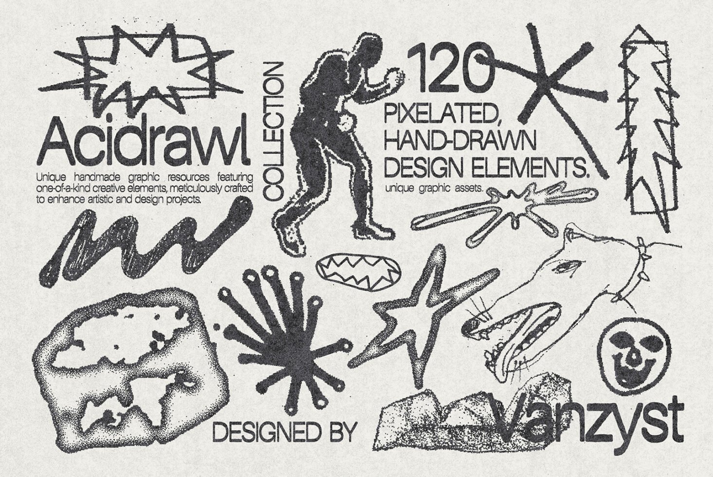 Acidraw collection featuring 120 pixelated hand-drawn design elements. Perfect for enhancing artistic projects. Unique graphic resources for designers.