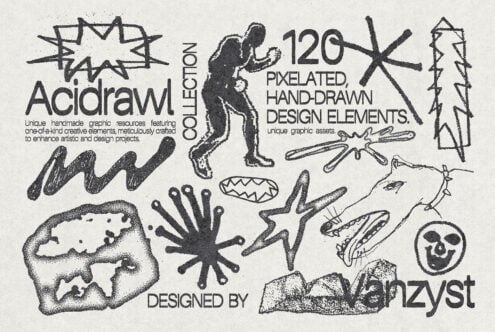 Acidraw collection featuring 120 pixelated hand-drawn design elements. Perfect for enhancing artistic projects. Unique graphic resources for designers.
