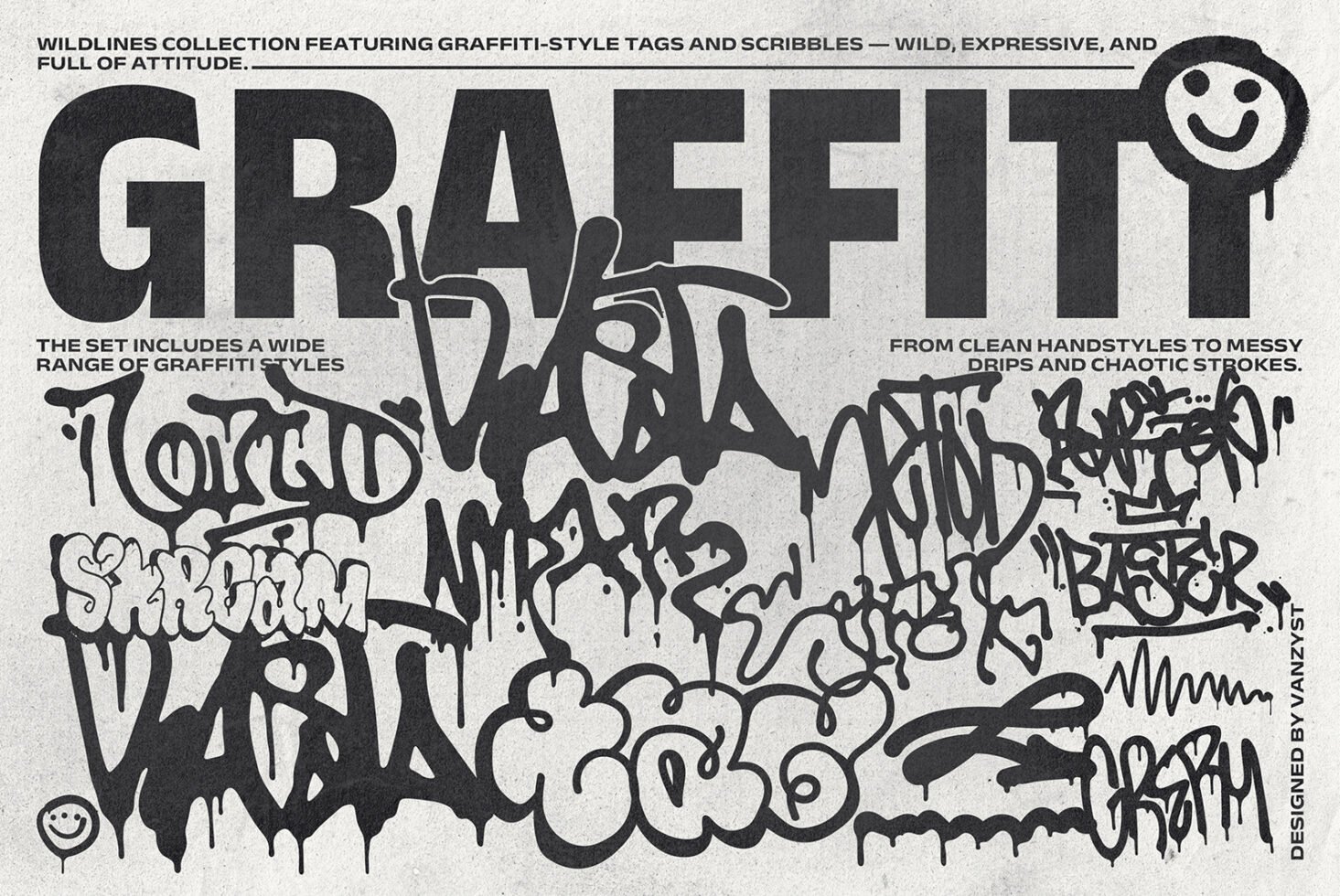 Graffiti-style font set featuring diverse tags and scribbles for digital design. Includes wild, expressive strokes ideal for graphic templates and mockups.