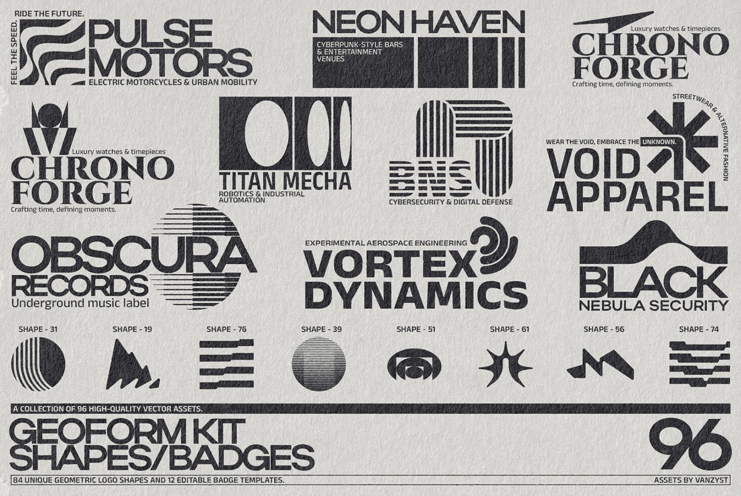 Geometric logo templates featuring bold vector shapes and badges. Perfect for designers seeking modern graphics for branding and experimental design.