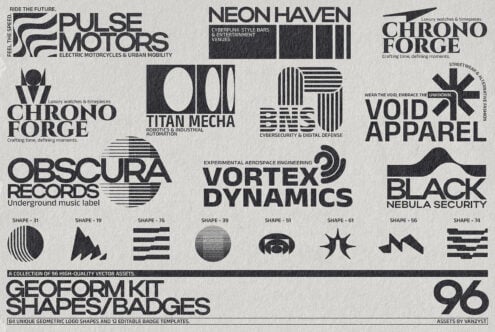 Geometric logo templates featuring bold vector shapes and badges. Perfect for designers seeking modern graphics for branding and experimental design.