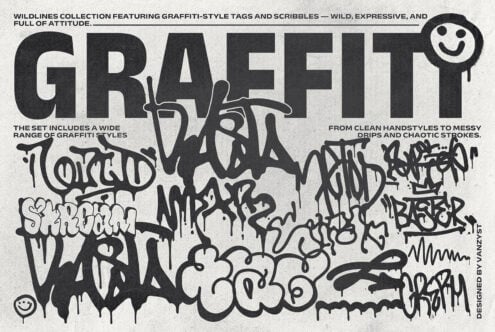Graffiti-style font set featuring diverse tags and scribbles for digital design. Includes wild, expressive strokes ideal for graphic templates and mockups.