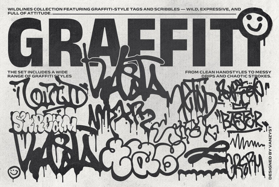 Graffiti-style font set featuring diverse tags and scribbles for digital design. Includes wild, expressive strokes ideal for graphic templates and mockups.
