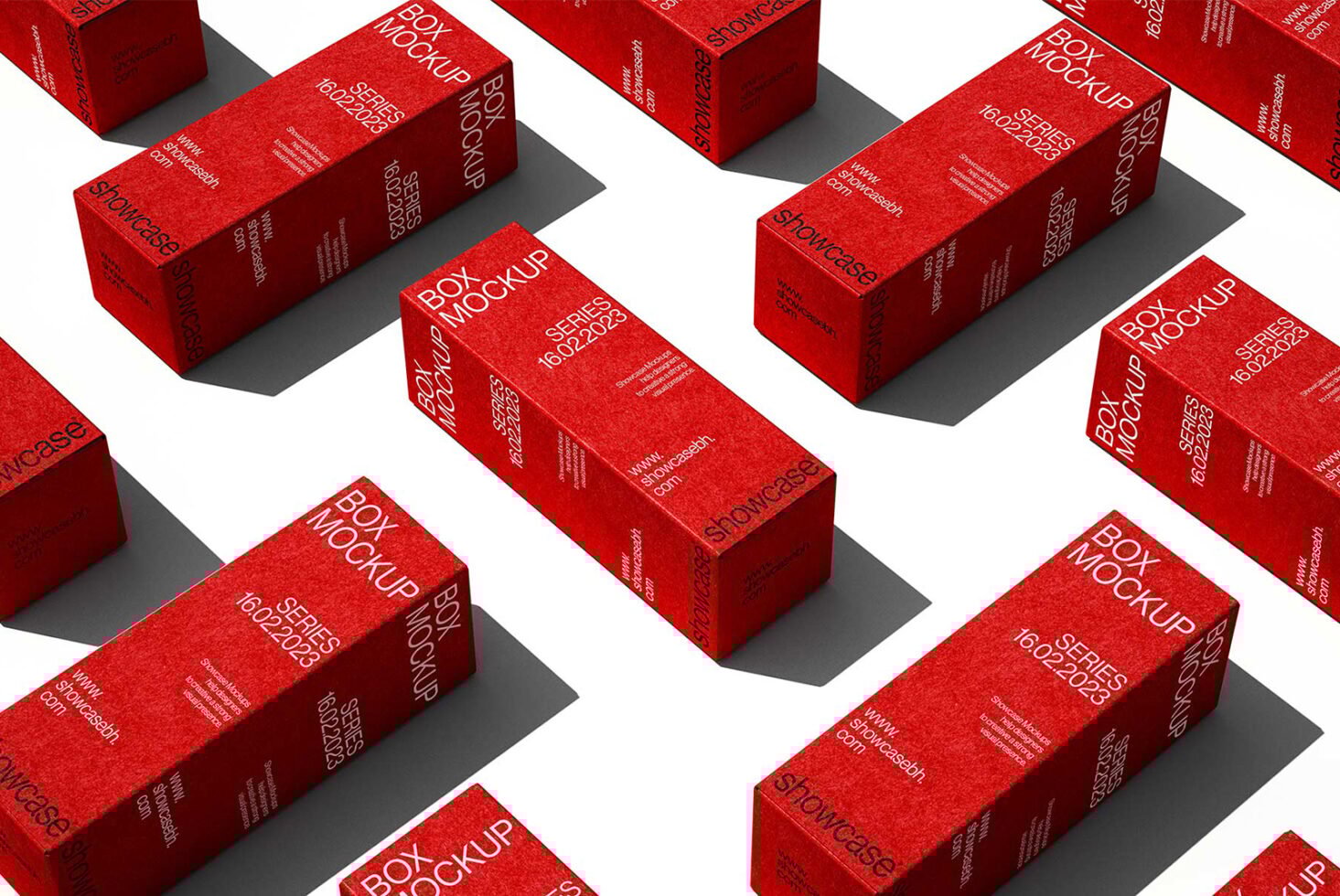 Red box mockup template featuring multiple boxes with modern typography on a white background. Ideal for product packaging designs and branding.