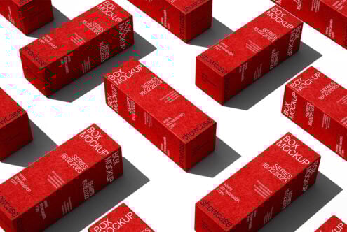 Red box mockup template featuring multiple boxes with modern typography on a white background. Ideal for product packaging designs and branding.