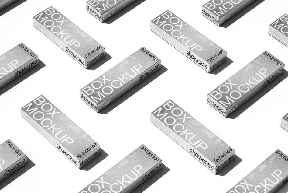 Box packaging mockup pattern in grayscale showcases sleek design suitable for graphic templates and branding presentations for designers.