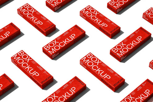 Red box mockup on white background arranged in pattern perfect for showcasing packaging designs useful for graphic designers template assets.
