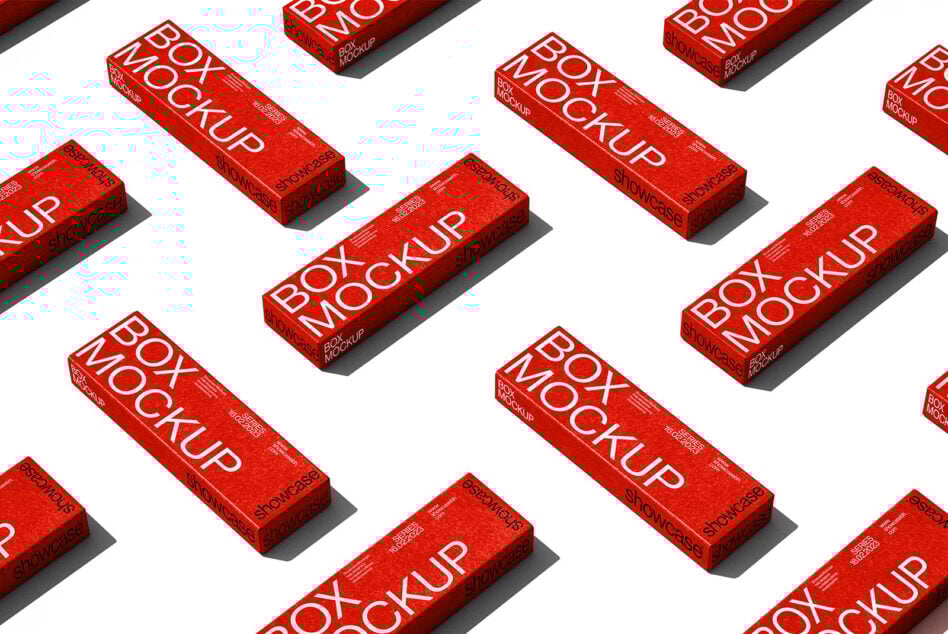 Red box mockup on white background arranged in pattern perfect for showcasing packaging designs useful for graphic designers template assets.