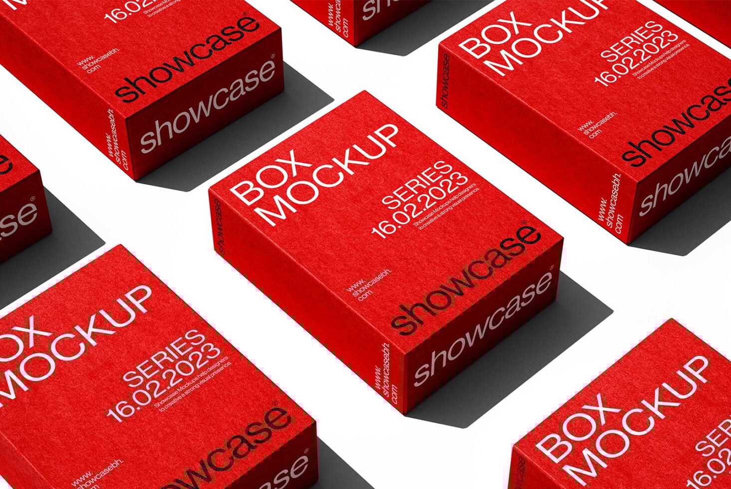 Red box mockup showcasing series date 16.02.2023. Perfect for designers seeking high-quality packaging templates. Vibrant colors. SEO keywords: mockup display