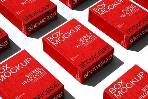 Red box mockup showcasing series date 16.02.2023. Perfect for designers seeking high-quality packaging templates. Vibrant colors. SEO keywords: mockup display