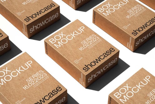 Box mockup template showcasing brown cardboard boxes with text layouts for design presentations ideal for designers and packaging visuals.