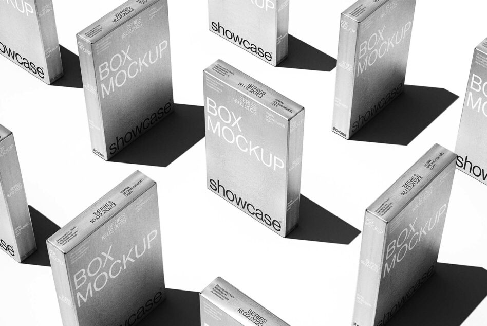 White box mockups in 3D arrangement with black platform bases