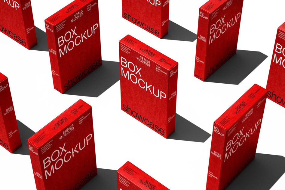 Tall red boxes standing upright in staggered formation showing front facing design surface