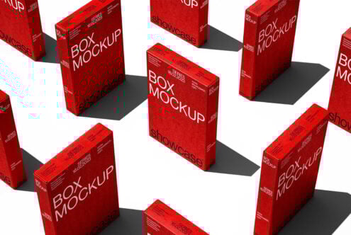 Box mockup design with red packaging on white background. Perfect for showcasing product branding. Keywords: box mockup, packaging design, template.