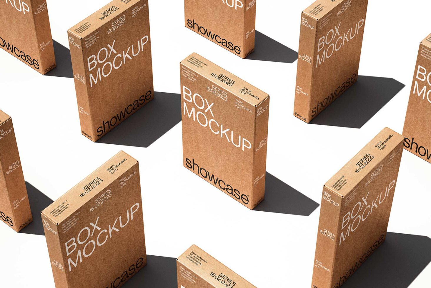 Box mockup design template featuring multiple standing cardboard boxes with text showcasing layout, ideal for graphic designers in packaging visuals