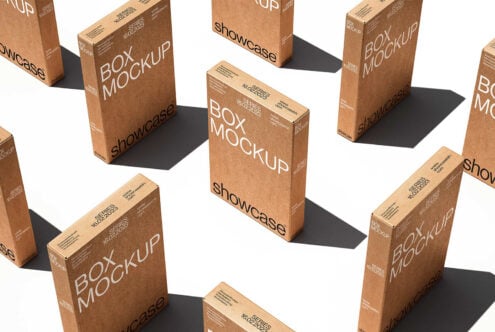 Box mockup design template featuring multiple standing cardboard boxes with text showcasing layout, ideal for graphic designers in packaging visuals