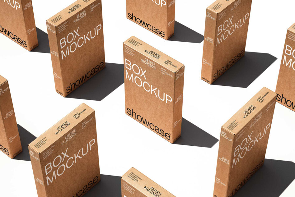 Brown corrugated boxes in geometric layout with dramatic shadows