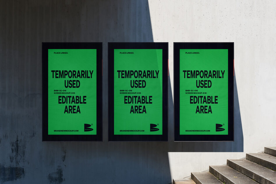 Three bright green posters on concrete wall with stairs, high contrast mockup display
