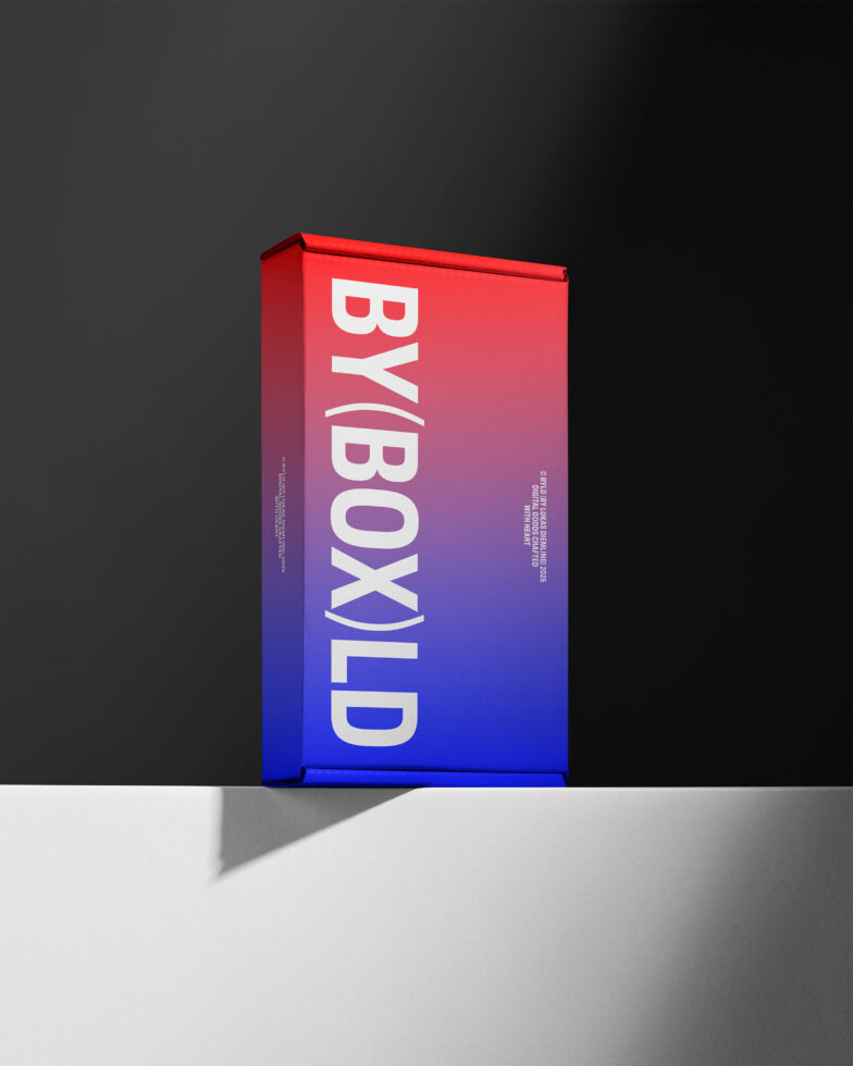 Gradient packaging mockup against black background showcasing BYLD text in bold. Perfect for designers needing modern box presentation templates