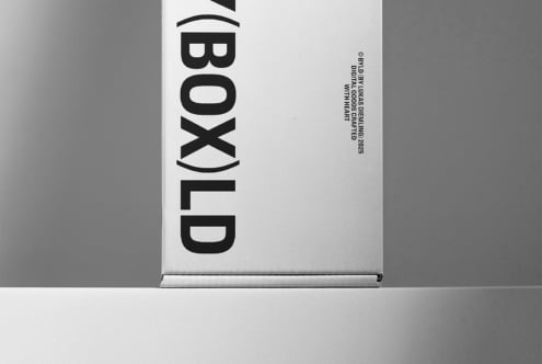 Minimalist cardboard box mockup with vertical branding text suitable for packaging design presentations featuring neutral gray tones for designers.