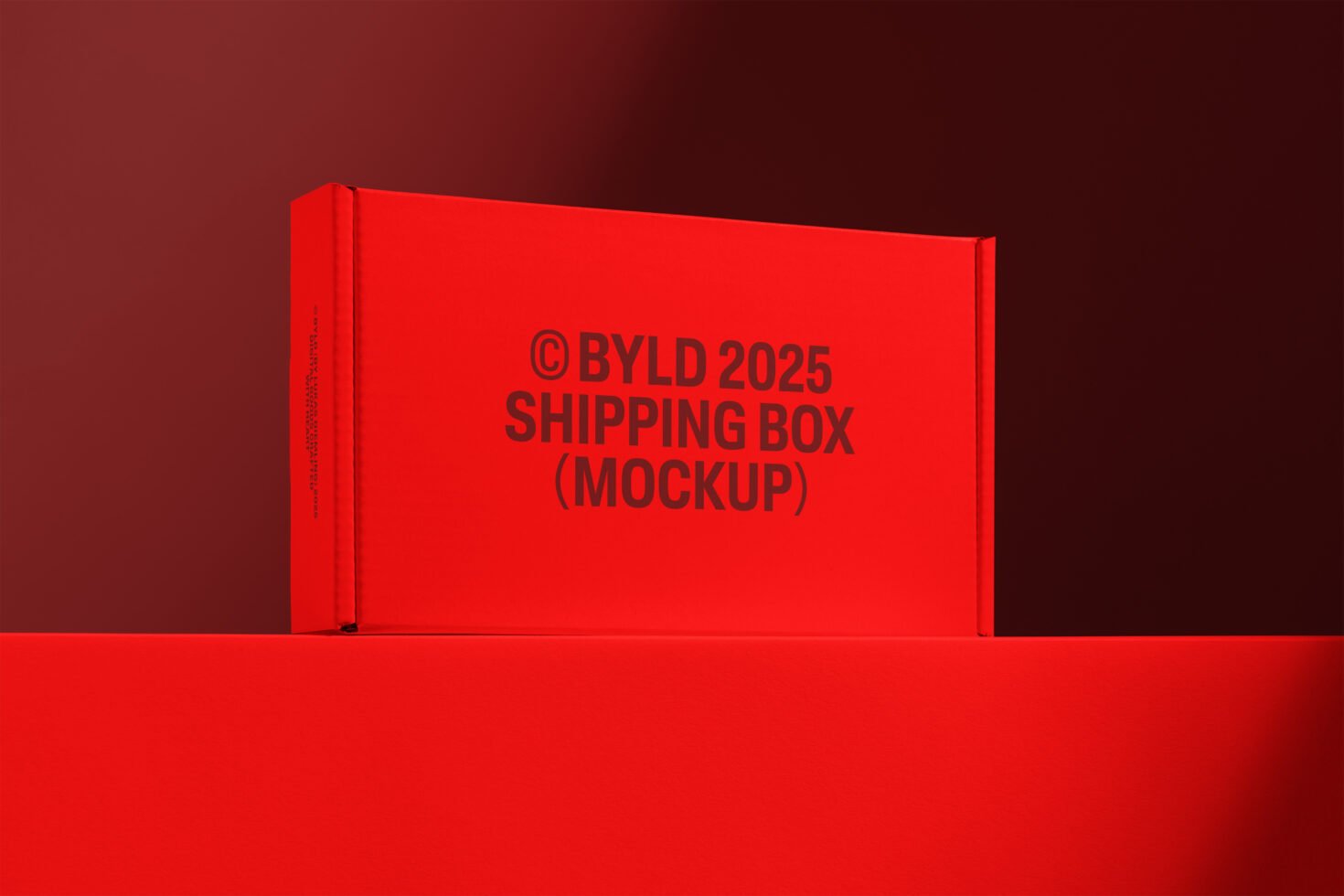 Red shipping box mockup with bold text design perfect for packaging presentations. Ideal for designers seeking professional product display templates.