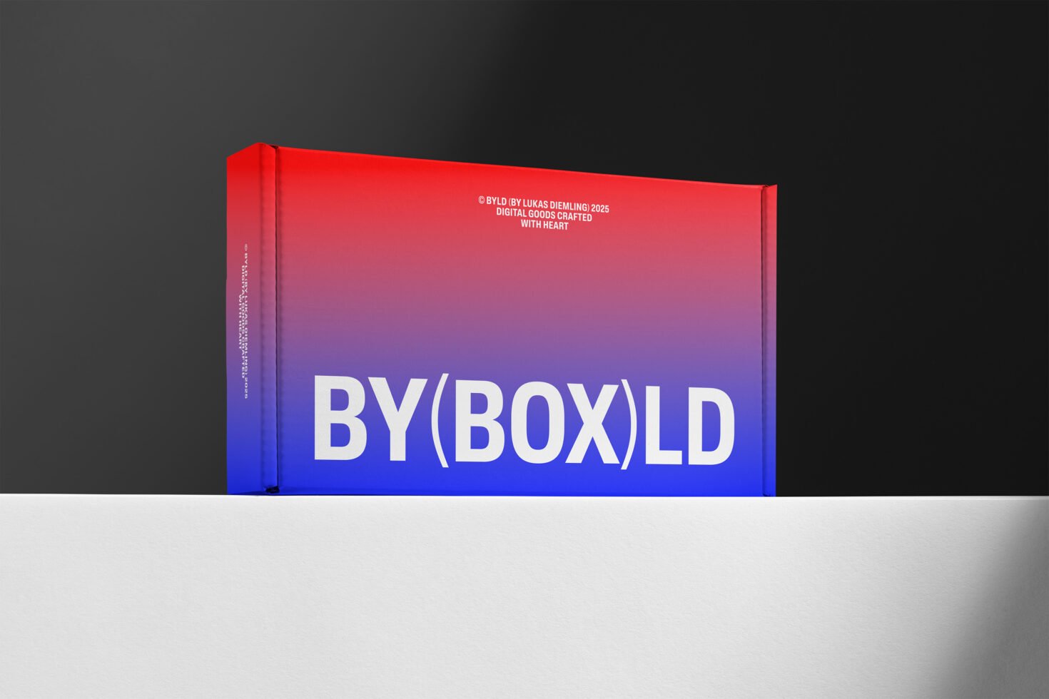 Gradient box mockup in red and blue with bold typography on dark background. Ideal for showcasing products or packaging design. Perfect for graphic designers.