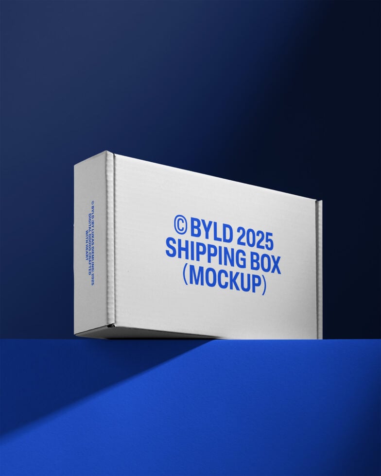 Shipping box mockup 2025 featuring minimalist design. White box with blue text on dark blue background. Ideal for packaging, branding, design projects.