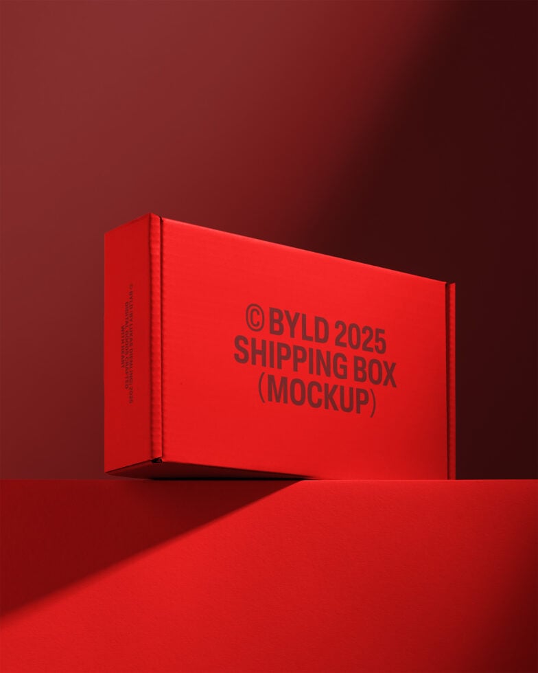Red shipping box mockup for designers SEO keywords packaging template showcase product presentation minimalist branding marketing visual assets 2025.