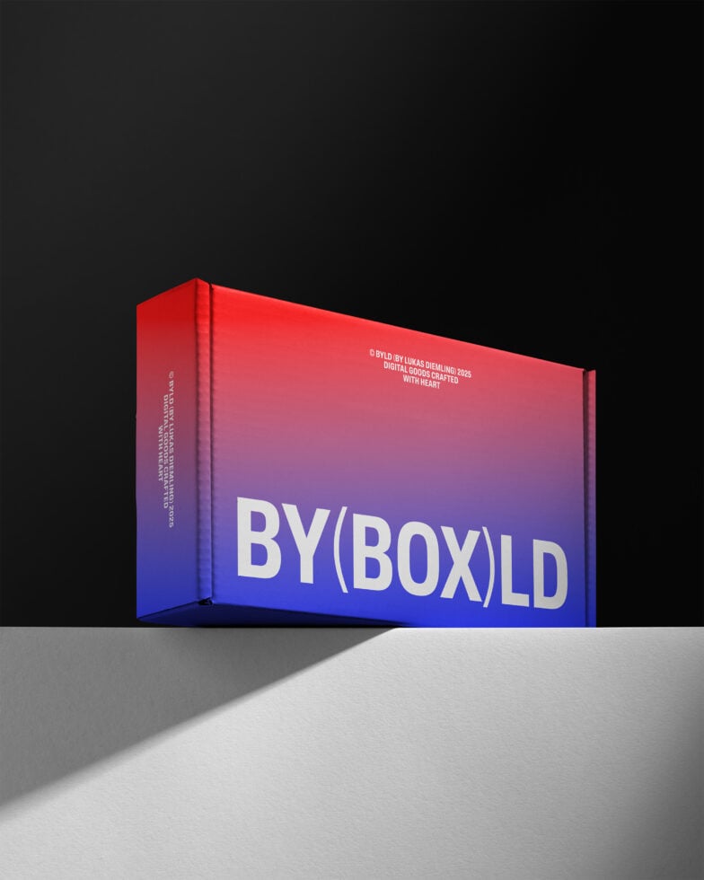 Cardboard packaging box mockup with gradient red blue design against black background suitable for product presentation digital assets for designers.