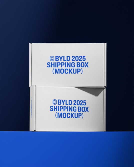 White shipping box mockup labeled BYLD 2025 in blue lettering against dark blue background; digital packaging design for designers.