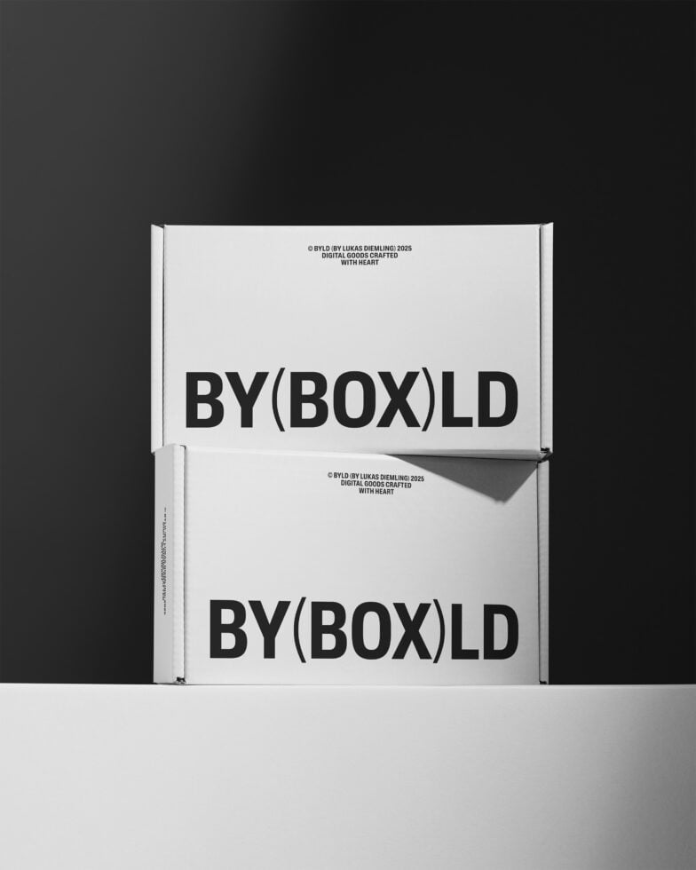 Stacked white boxes with bold black text BYBOXLD on a sleek background perfect for mockup designs packaging templates for designers minimalist style