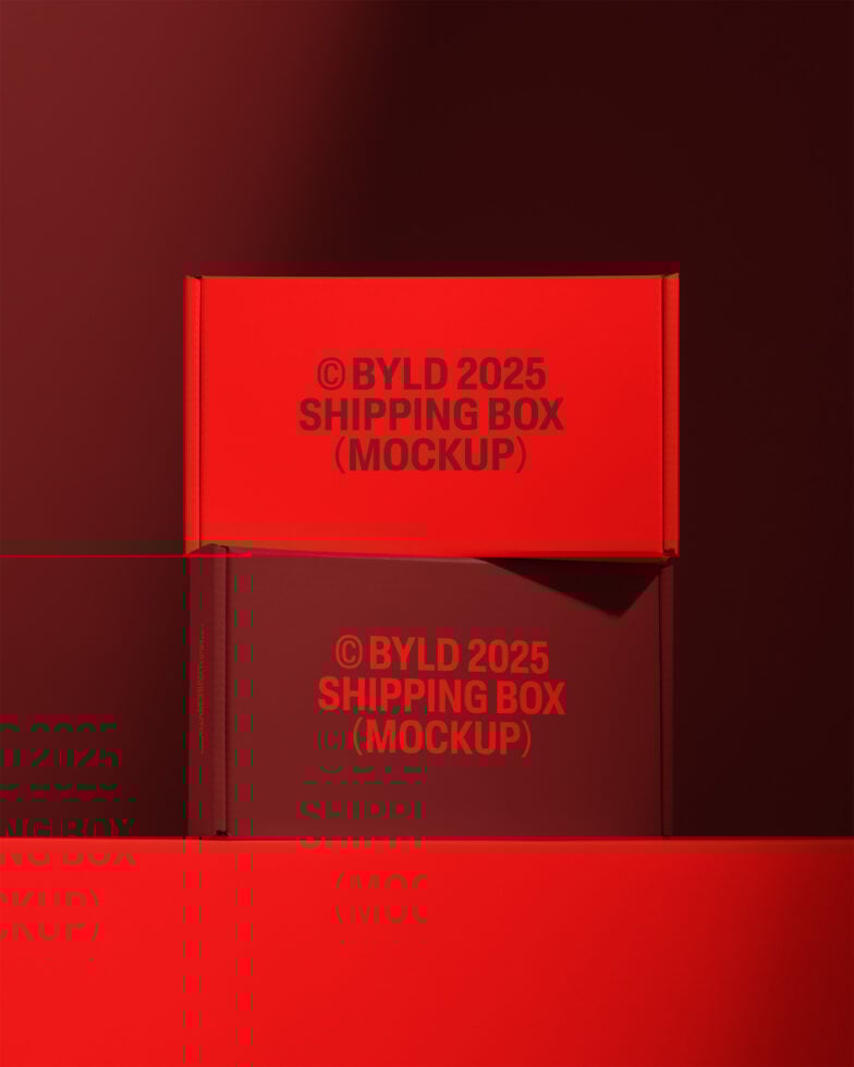 Red shipping box mockup design for branding preview. Ideal for designers in need of high-quality packaging templates and product presentation graphics.