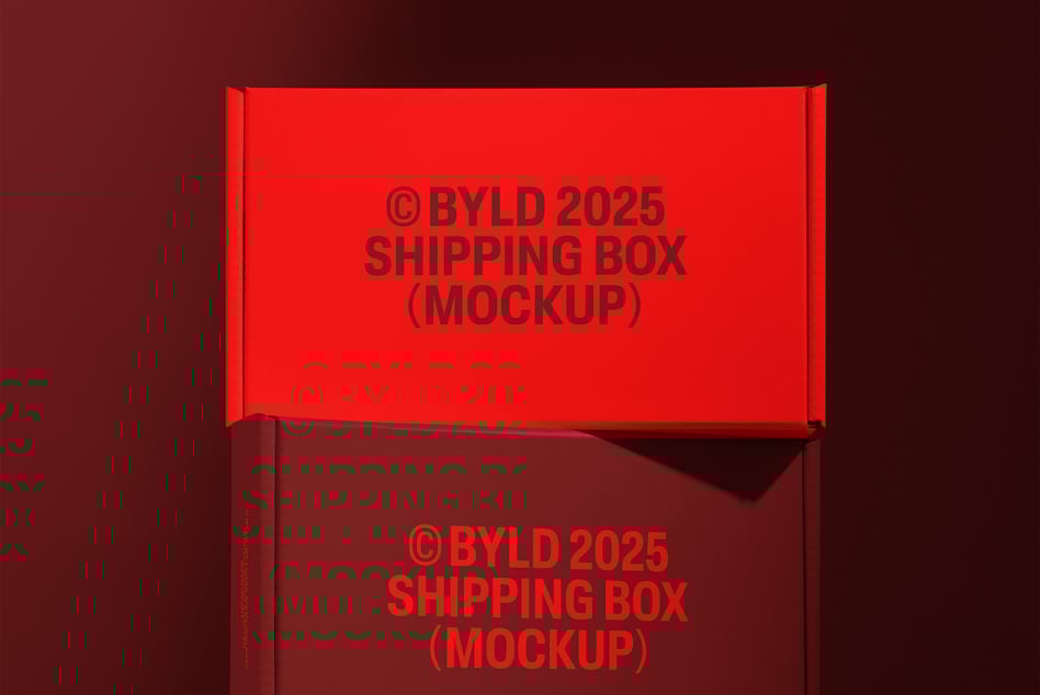 Red shipping box mockup with bold text against dark background suitable for showcasing packaging designs graphic design mockups branding digital assets