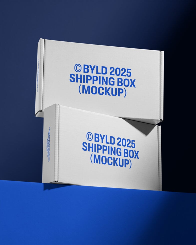 Shipping box mockup featuring two gray boxes with blue text on a blue background ideal for packaging designers and branding presentations.
