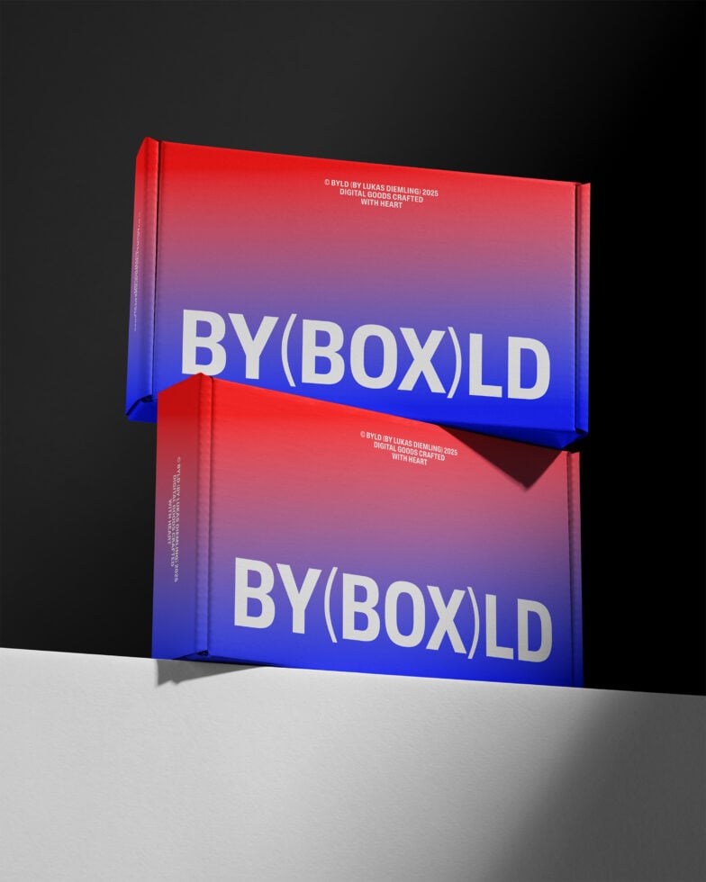 Gradient packaging mockup with bold BY BOX LD text on boxes. Ideal for showcasing design templates or packaging graphics. Perfect for designers seeking modern aesthetics.