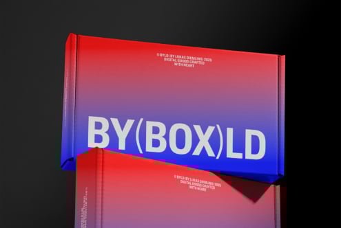 Red and blue gradient cardboard packaging mockup with bold typography, ideal for showcasing box designs for digital goods. Perfect for designers.