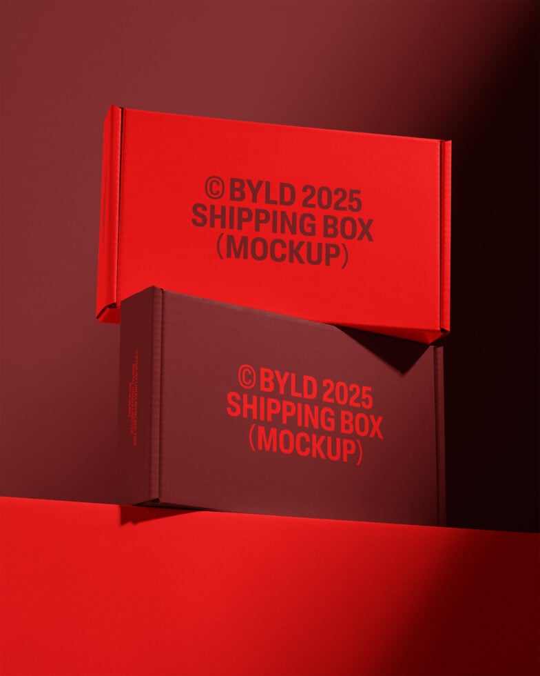 Red 3D shipping box mockup for designers featuring BYLD 2025 branding. Ideal for design presentations and packaging visuals. Perfect for showcasing templates.