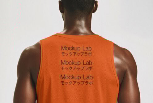Backside of an orange mesh tank top featuring black text Mockup Lab in bold letters. Ideal for designing on fabric templates. Apparel mockup for designers.