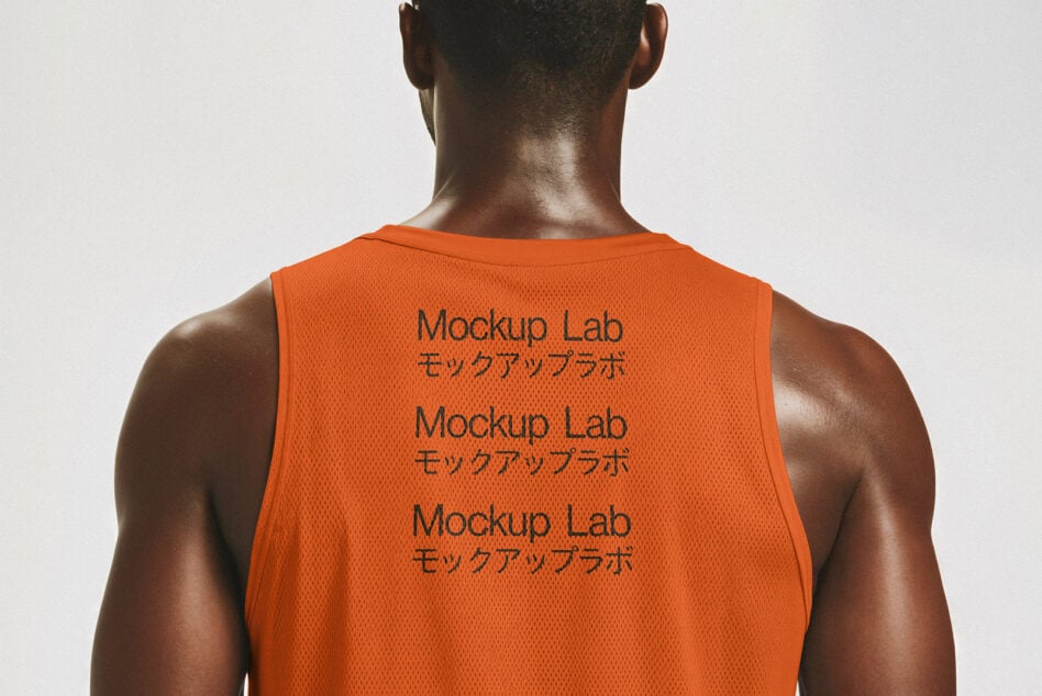 Backside of an orange mesh tank top featuring black text Mockup Lab in bold letters. Ideal for designing on fabric templates. Apparel mockup for designers.