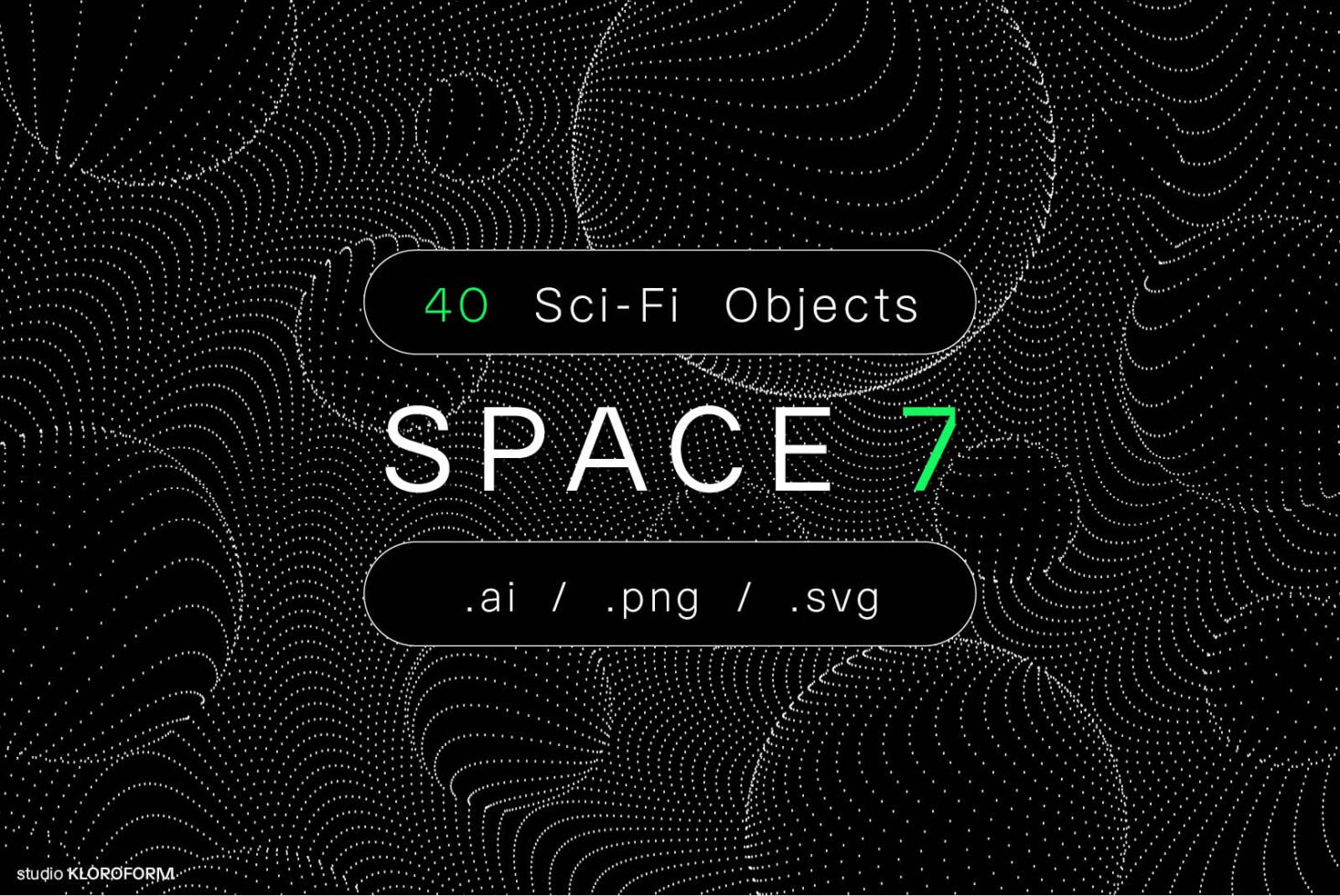 Space themed graphic with 40 sci-fi objects available in AI, PNG, and SVG formats. Digital design assets for designers. Black background with dots.
