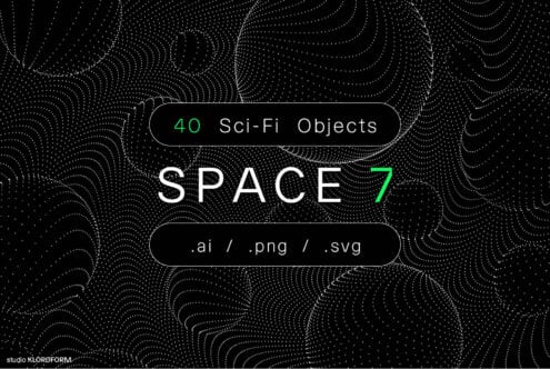 Space themed graphic with 40 sci-fi objects available in AI, PNG, and SVG formats. Digital design assets for designers. Black background with dots.