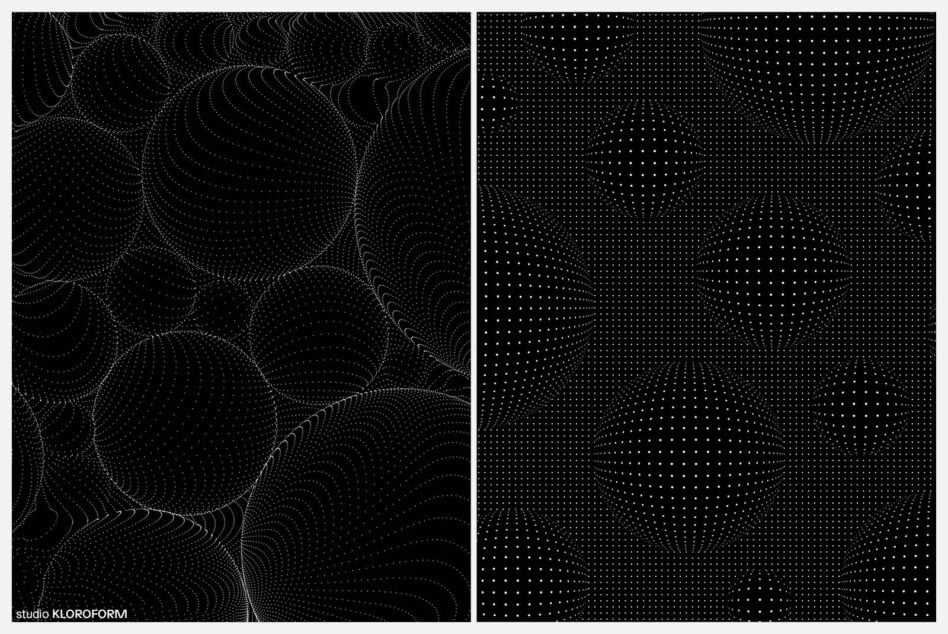 Two panels of concentric curves merged with large uniform dot grid patterns