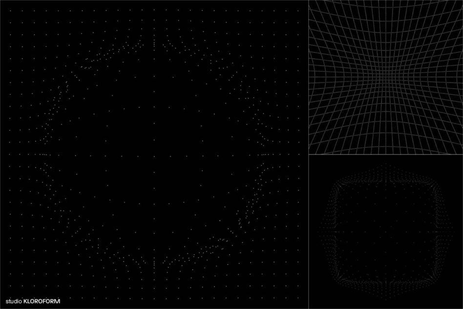 Split image showing sparse dots left, dense grid mesh right with particle circles