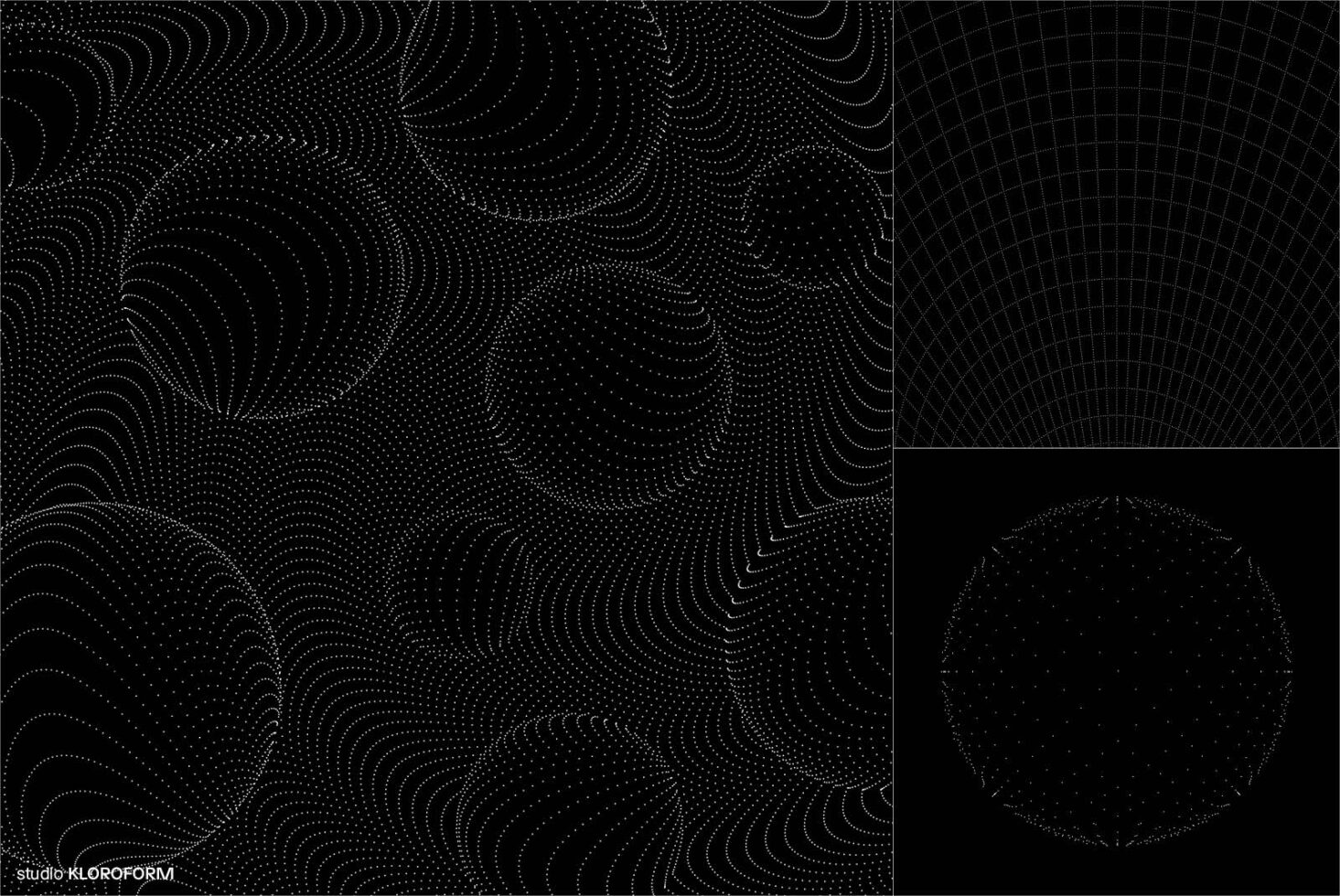 Black abstract graphic template with dotted 3D spheres and grid patterns ideal for mockups and digital designs textured backgrounds for designers.