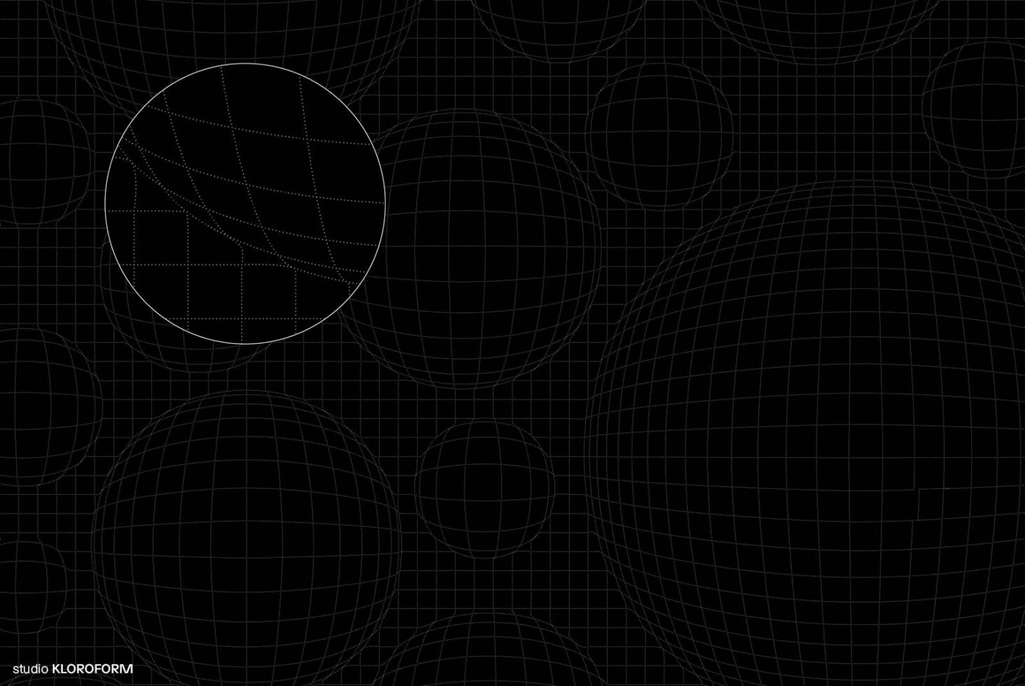 Black geometric grid with spherical wireframe patterns overlapping in various sizes; suitable for digital graphics or design templates.