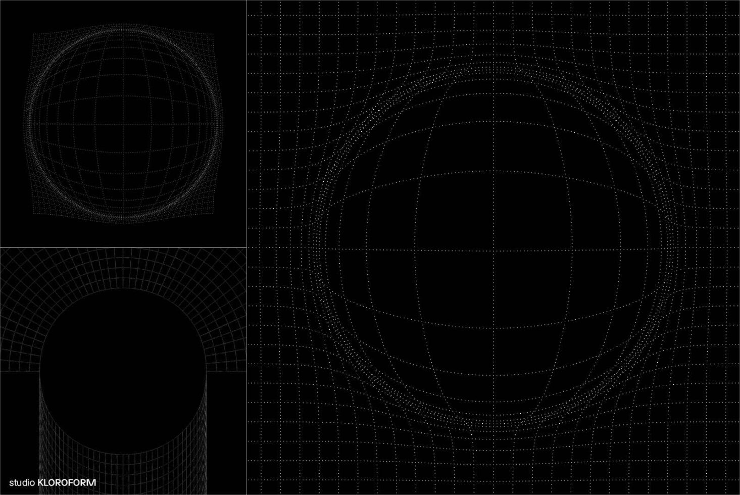 Geometric wireframe grid design on black background with spherical patterns suitable for graphics templates or mockups for digital designers and creatives.