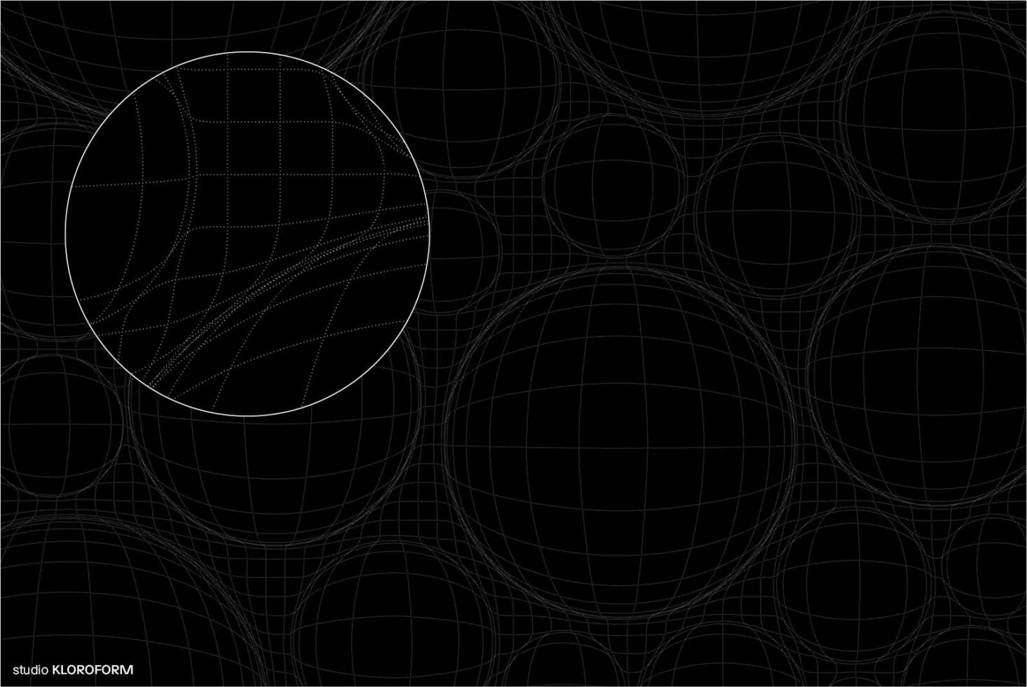 Abstract geometric pattern with interconnected spheres and grids on black background. Ideal for graphic design, digital asset, texture in templates.