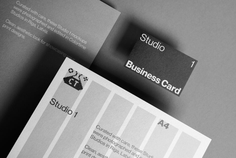 Minimalist stationery mockup showing business cards, letterhead, A4 papers stacked